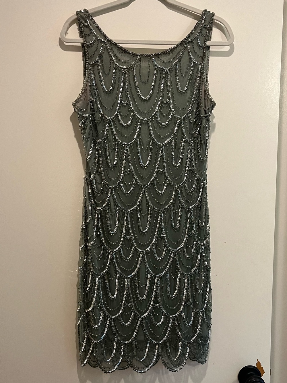 Pisarro Nights Beaded Scoop Neck Mini Dress in Sage Green